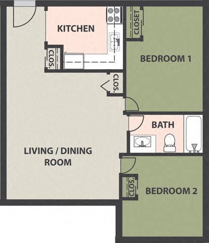 Floor plan for 2 beds, 1 bath