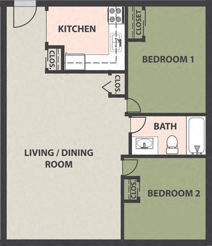 Floor plan for 2 beds, 1 bath