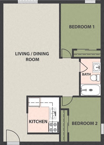 Floor plan for 2 beds, 1 bath