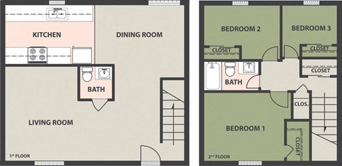 Floor plan for 3 beds, 1.5 baths