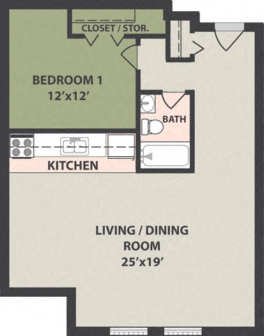 Floor plan for 1 bed, 1 bath, 650 sqft