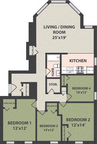 Floor plan for 4 beds, 1 bath