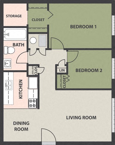 Floor plan for 2 beds, 1 bath