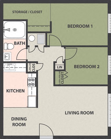 Floor plan for 2 beds, 1 bath