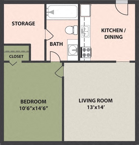 Floor plan for 1 bed, 1 bath