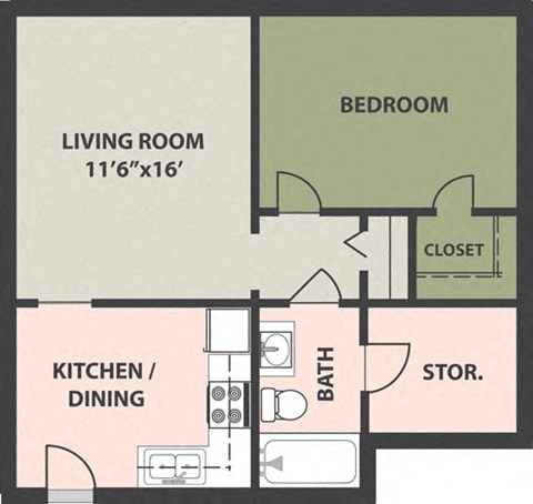 Floor plan for 1 bed, 1 bath