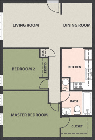 Floor plan for 2 beds, 1 bath, 907 sqft