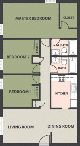 Floor plan for 3 beds, 2 baths, 1100 sqft