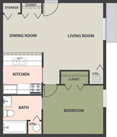 Floor plan for 1 bed, 1 bath