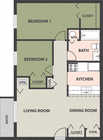 Floor plan for 2 beds, 1 bath