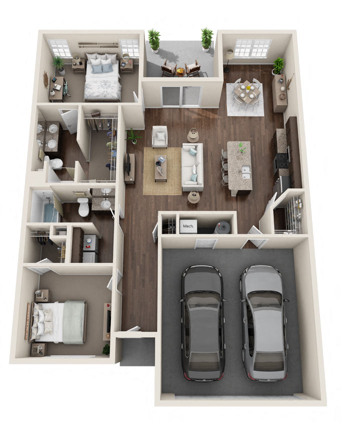 Floor plan for 2 beds, 2 baths, 1381 sqft