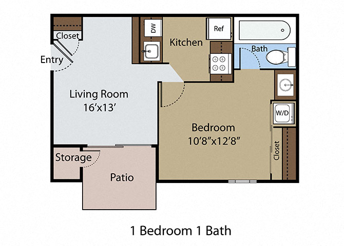 Floor plan for 1 bed, 1 bath, 480 sqft