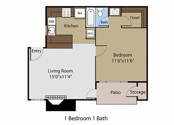 Floor plan for 1 bed, 1 bath, 575 sqft