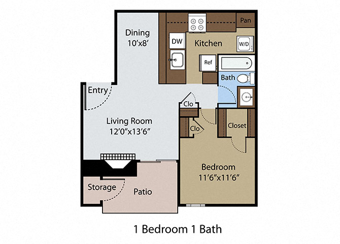 Floor plan for 1 bed, 1 bath, 669 sqft