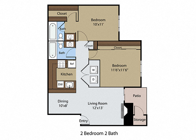 Floor plan for 2 beds, 2 baths, 930 sqft