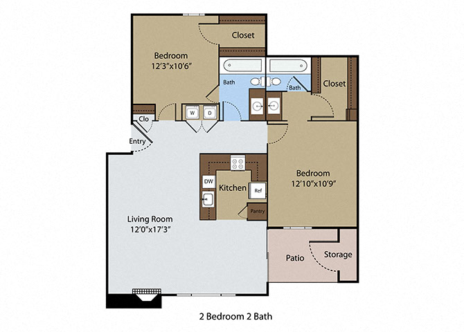 Floor plan for 2 beds, 2 baths, 1021 sqft