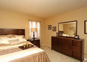 Arlington apartment for rent - a bedroom with a bed and a dresser and a mirror