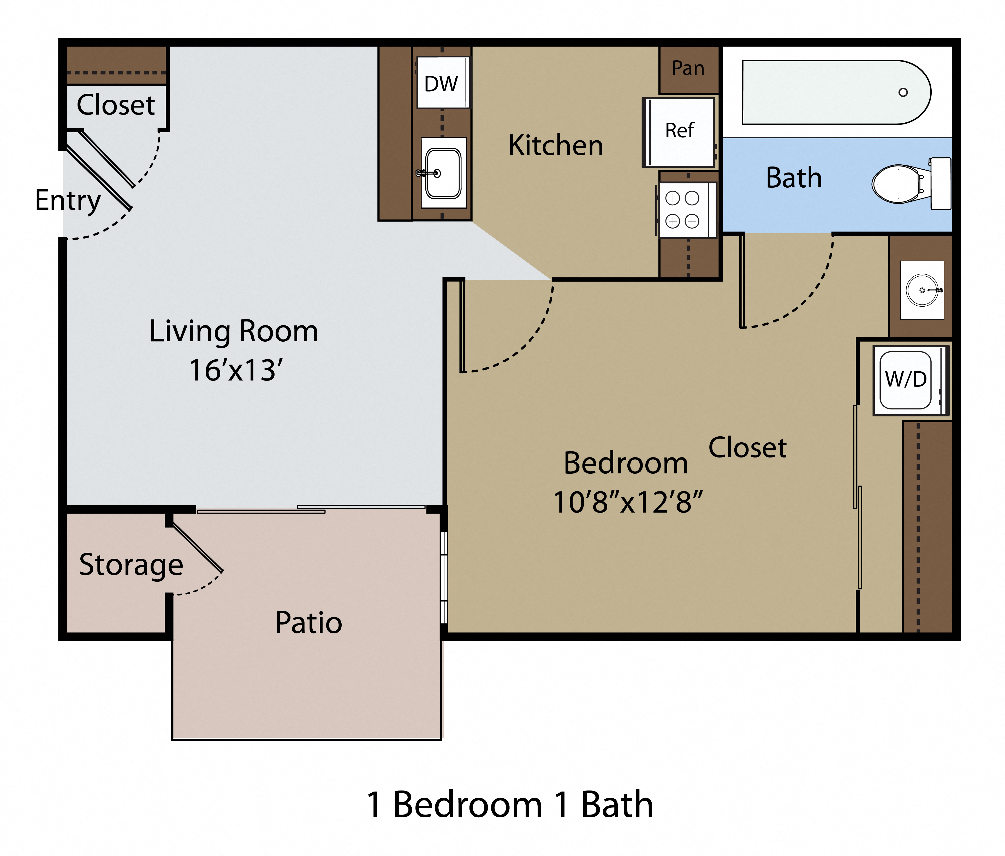 Floor plan for 1 bed, 1 bath, 480 sqft