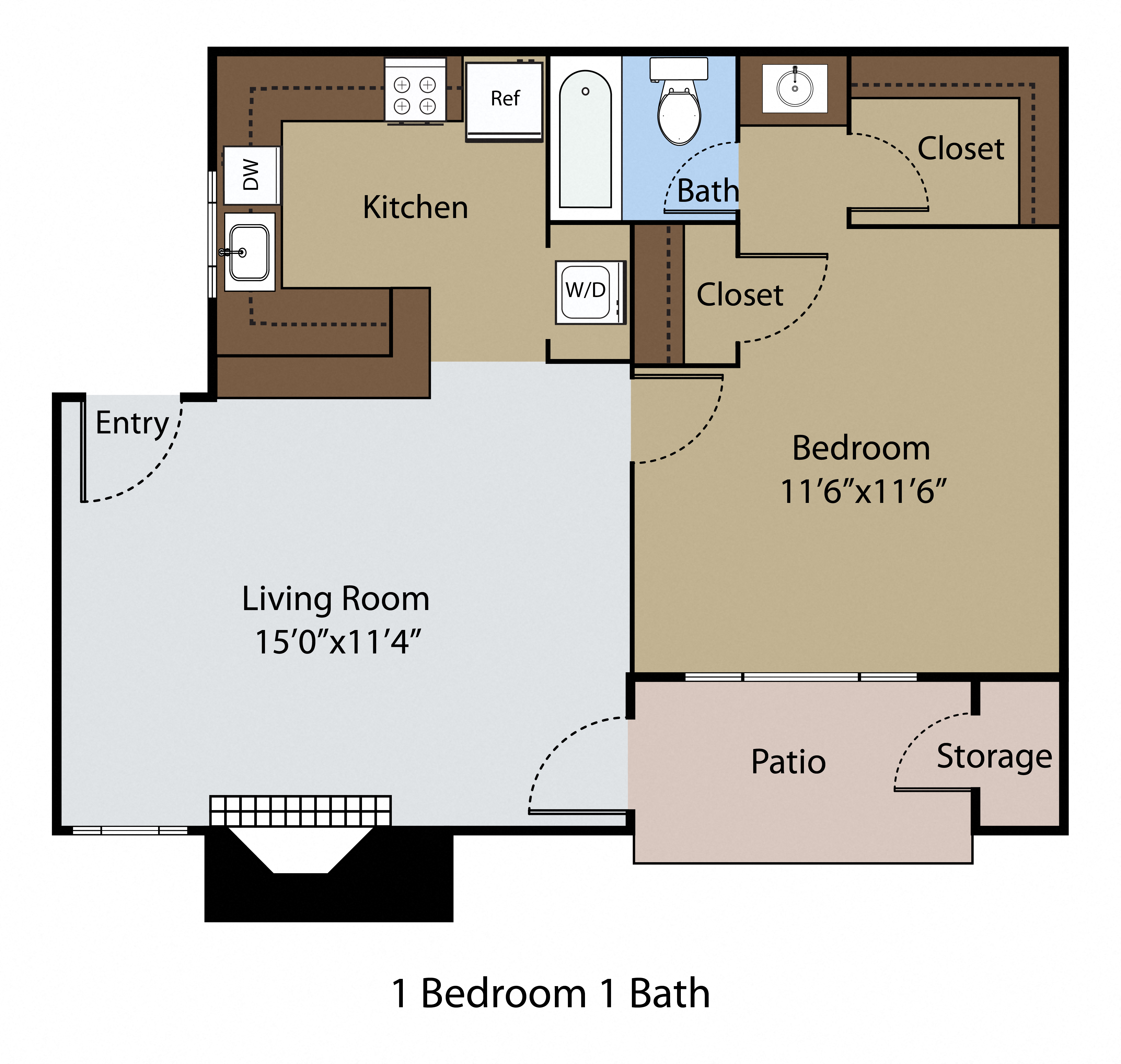 Floor plan for 1 bed, 1 bath, 575 sqft