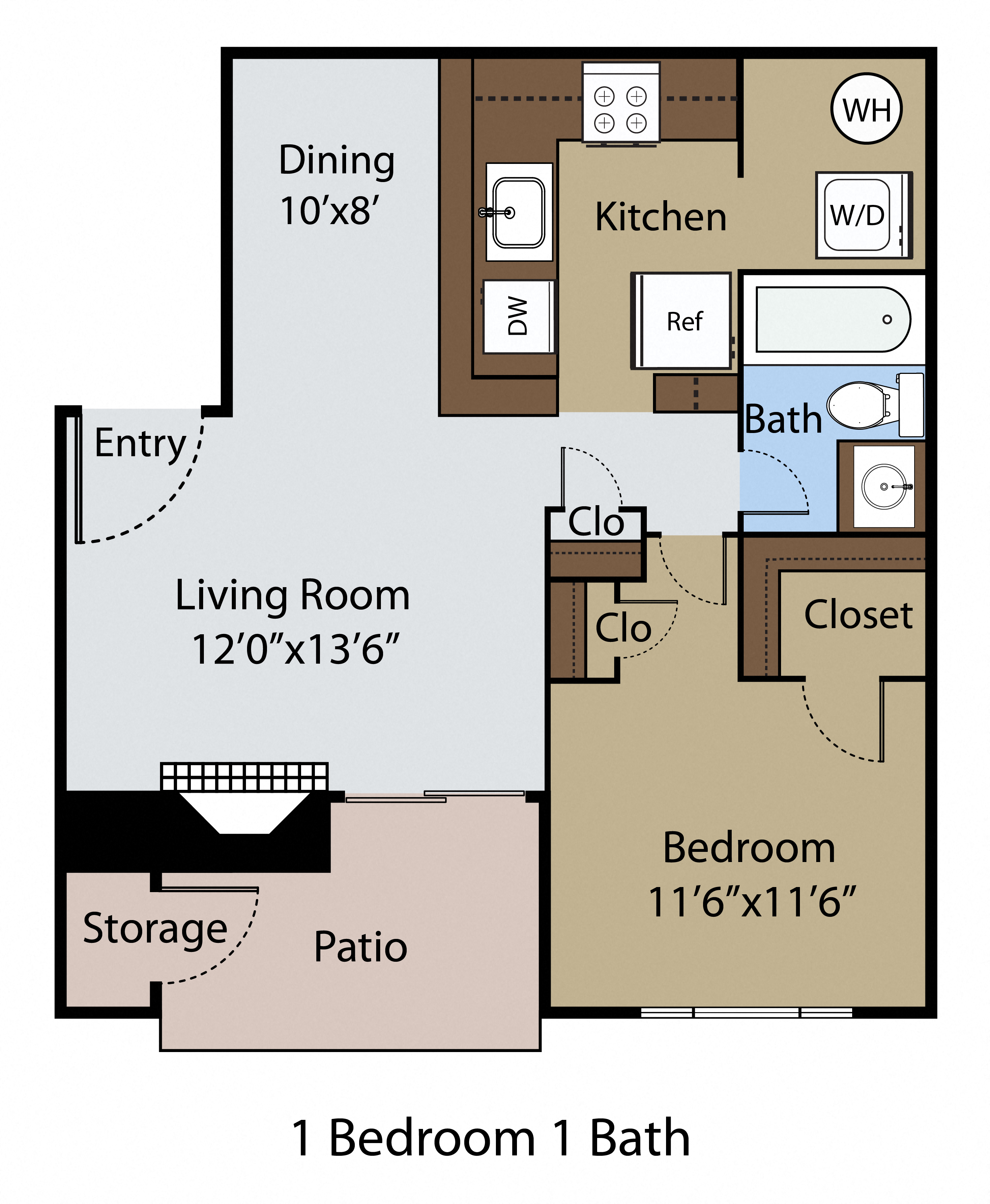 Floor plan for 1 bed, 1 bath, 669 sqft