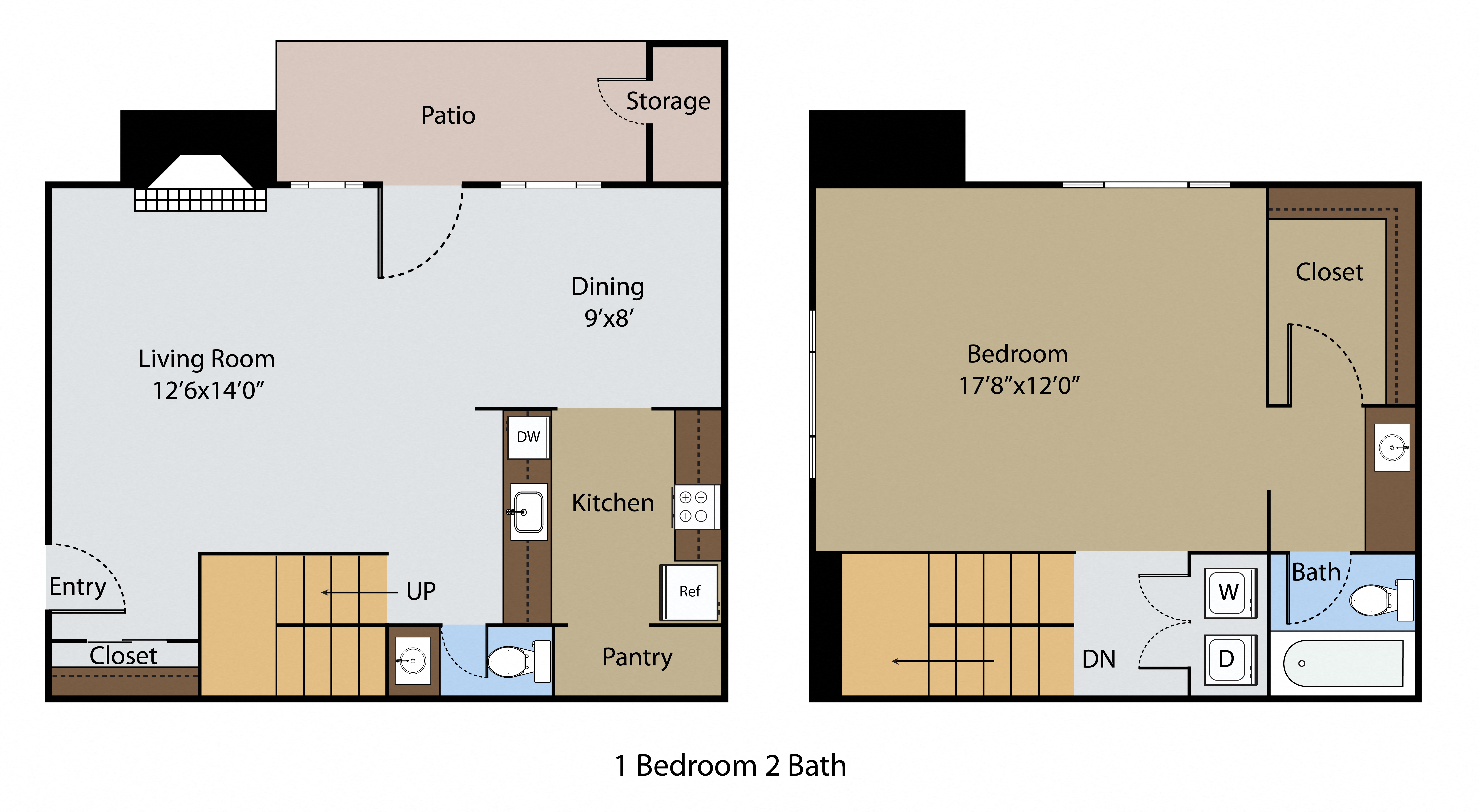 Floor plan for 1 bed, 1.5 baths, 850 sqft