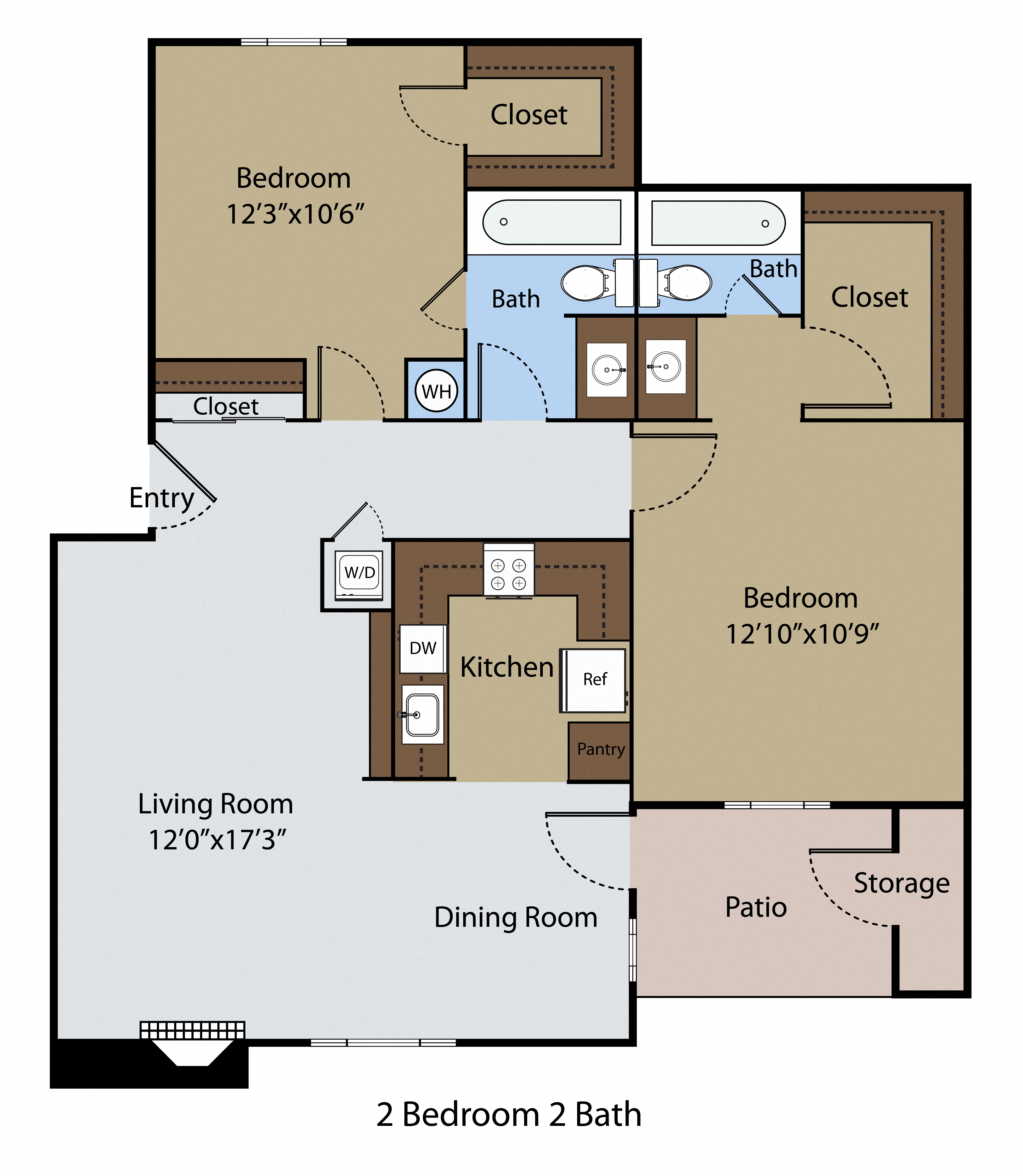 Floor plan for 2 beds, 2 baths, 1021 sqft