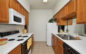 Houston apartment for rent - a kitchen with wooden cabinets and white appliances and a sink