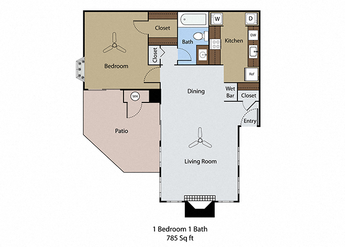 Floor plan for 1 bed, 1 bath, 785 sqft