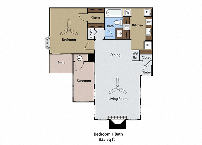 Floor plan for 1 bed, 1 bath, 835 sqft