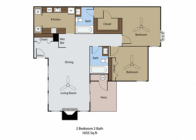 Floor plan for 2 beds, 2 baths, 1039 sqft