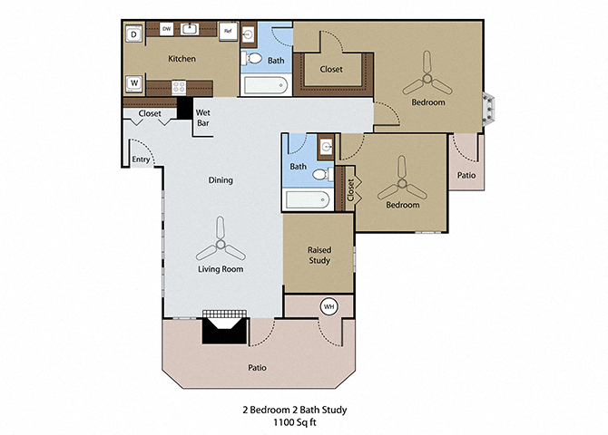 Floor plan for 2 beds, 2 baths, 1100 sqft