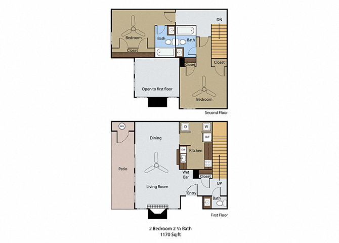 Floor plan for 2 beds, 2.5 baths, 1170 sqft