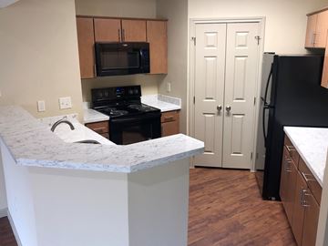 Houston apartment for rent - a kitchen with a counter and a refrigerator and a door