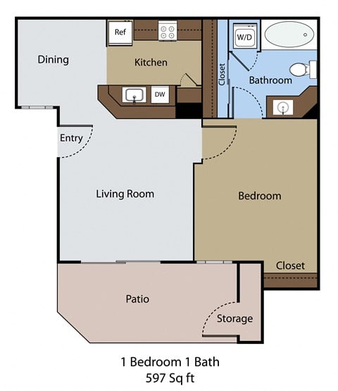 Floor plan for 1 bed, 1 bath, 597 sqft