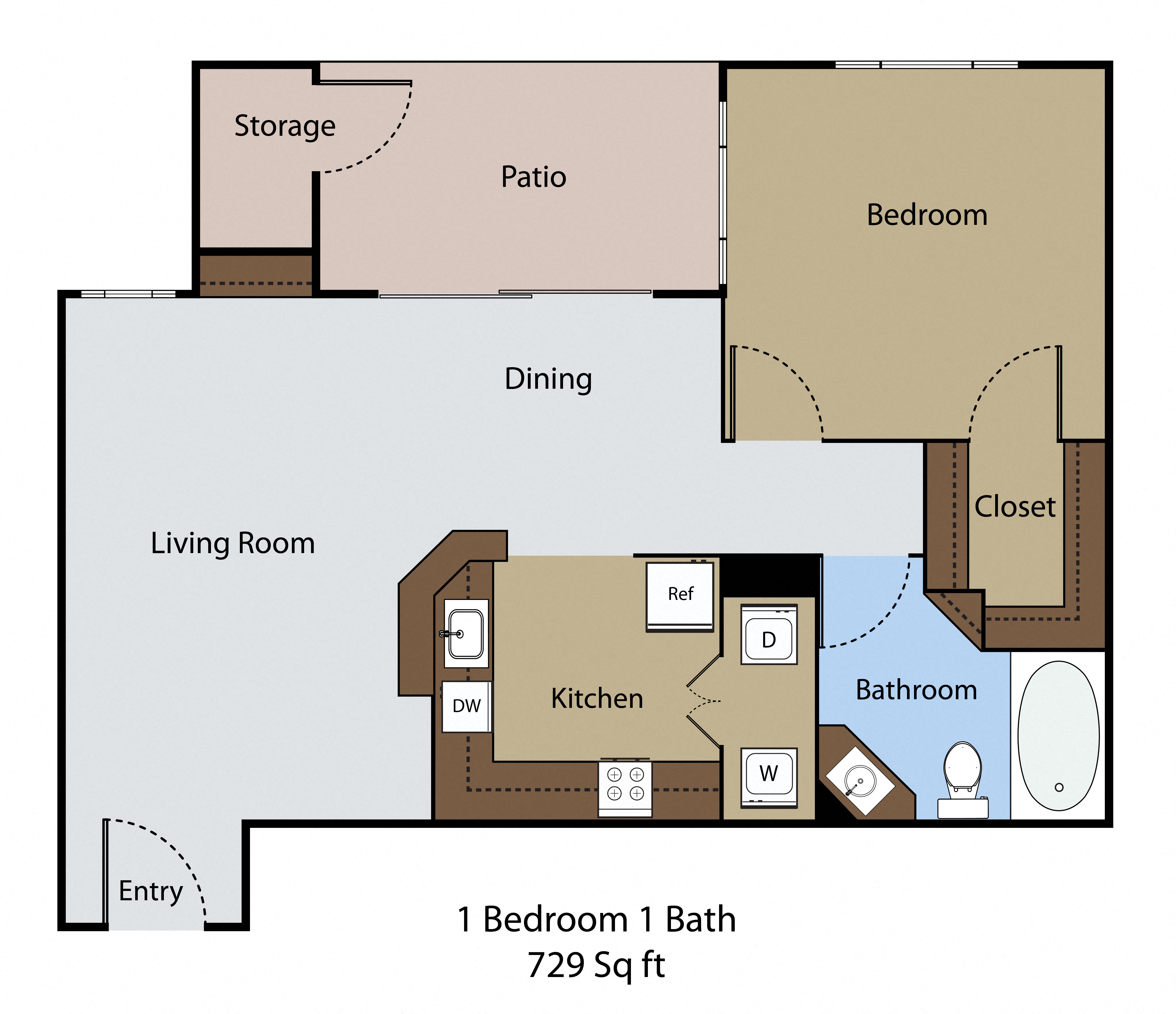 Floor plan for 1 bed, 1 bath, 729 sqft