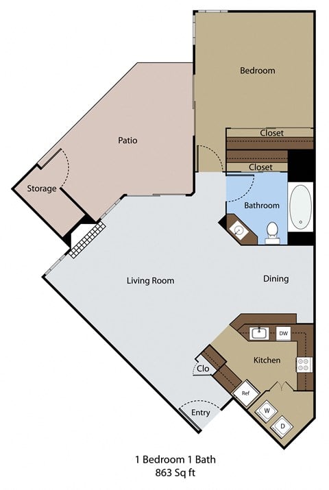 Floor plan for 1 bed, 1 bath, 863 sqft