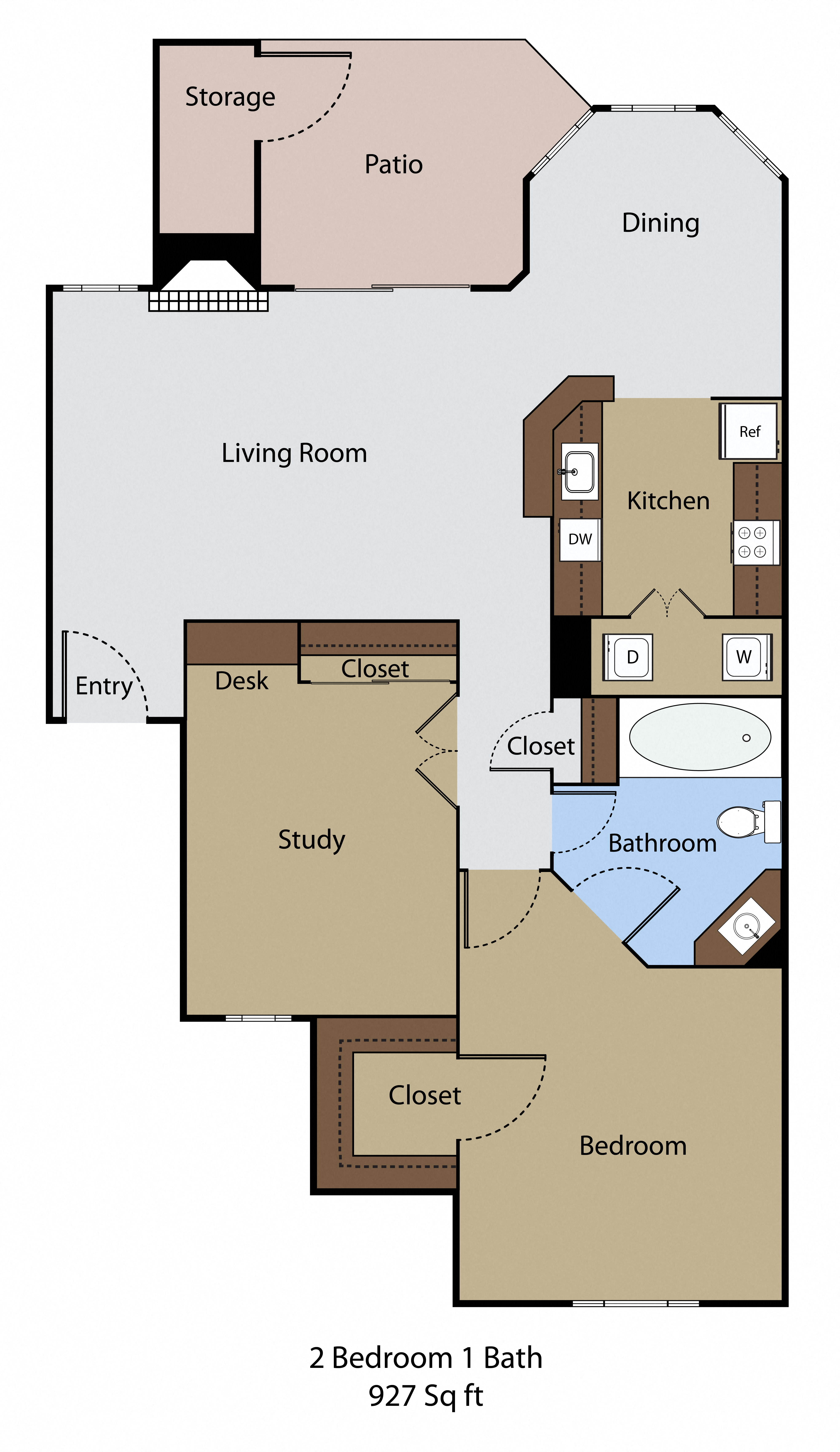 Floor plan for 2 beds, 1 bath, 927 sqft
