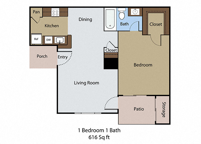 Floor plan for 1 bed, 1 bath, 616 sqft