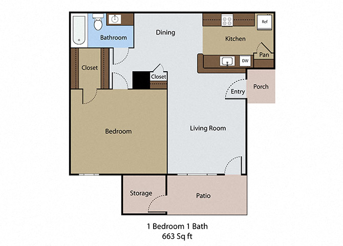 Floor plan for 1 bed, 1 bath, 663 sqft