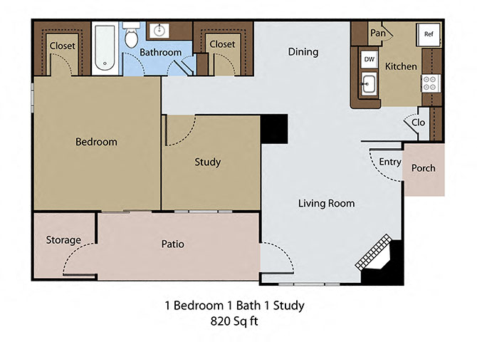 Floor plan for 2 beds, 1 bath, 820 sqft