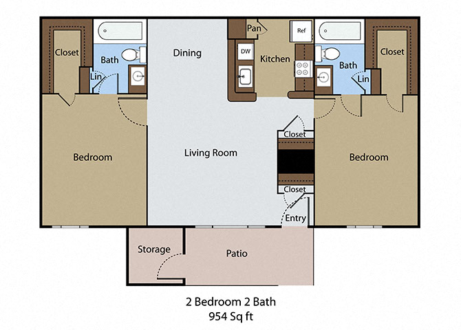 Floor plan for 2 beds, 2 baths, 954 sqft