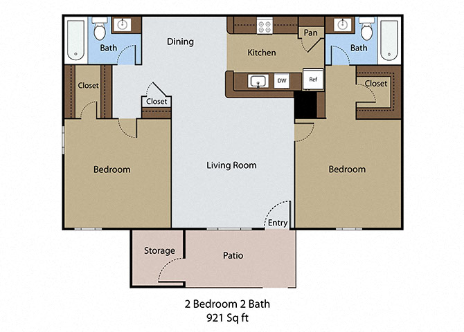 Floor plan for 2 beds, 2 baths, 921 sqft
