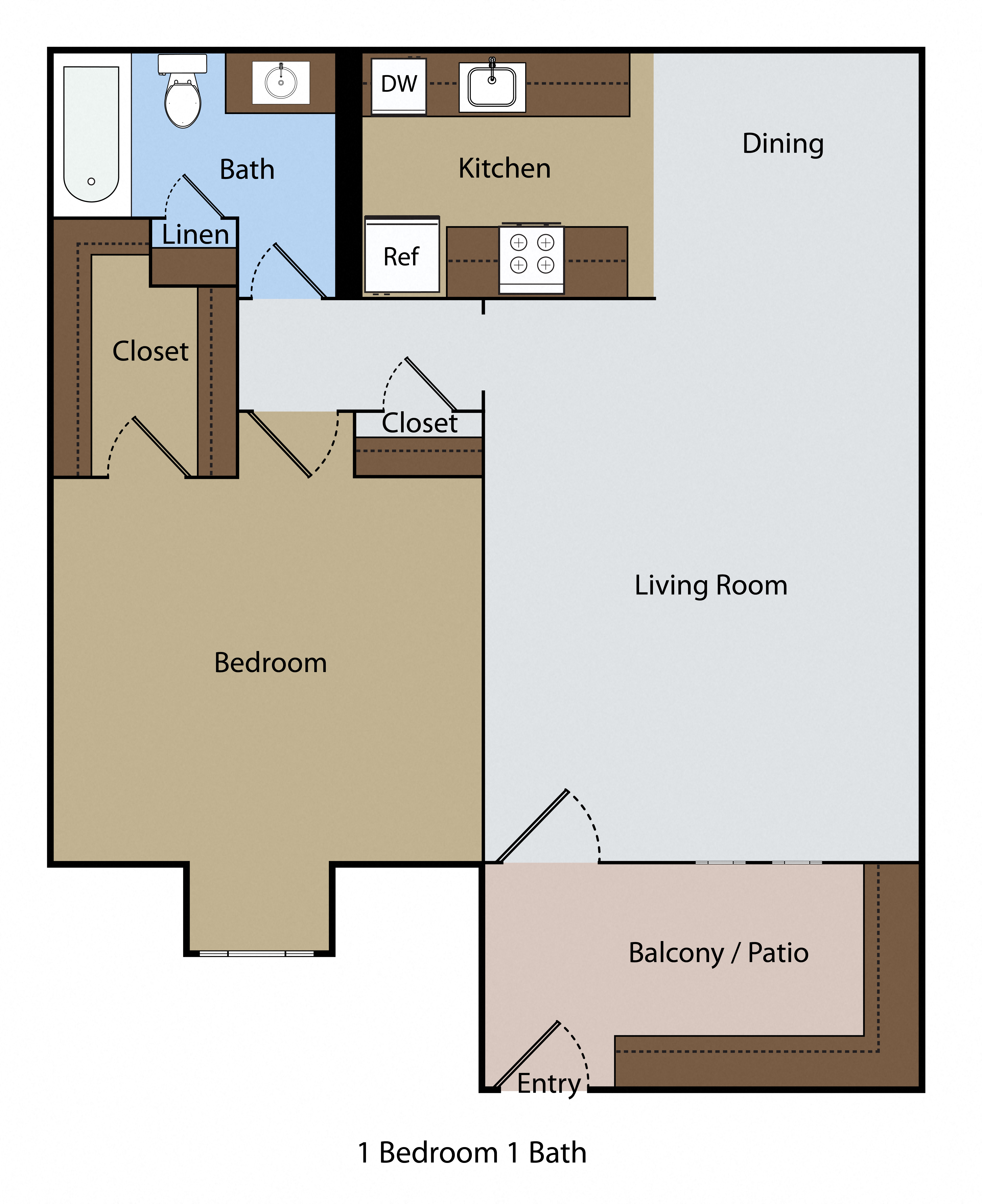 Floor plan for 1 bed, 1 bath, 750 sqft