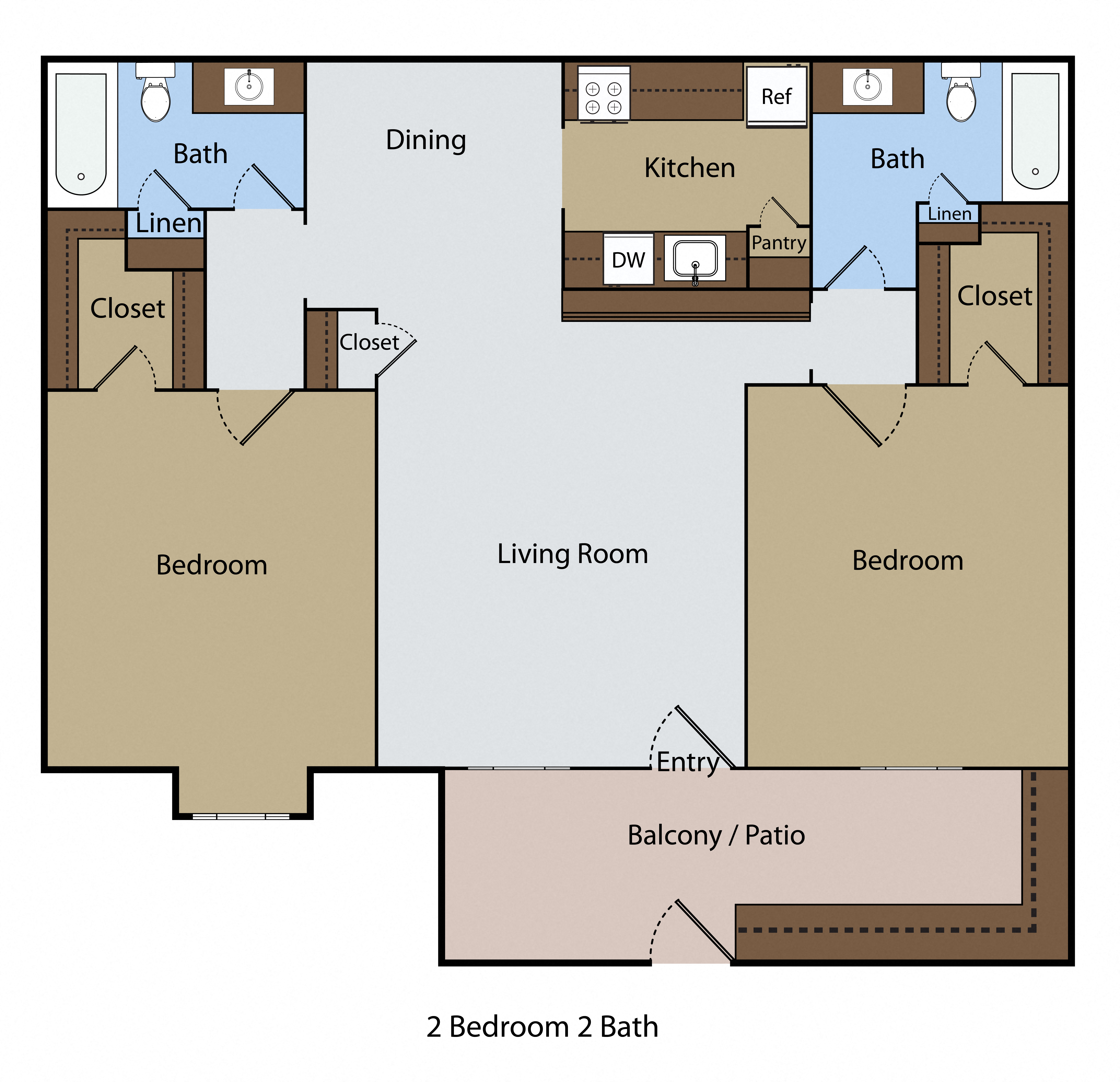 Floor plan for 2 beds, 2 baths, 950 sqft