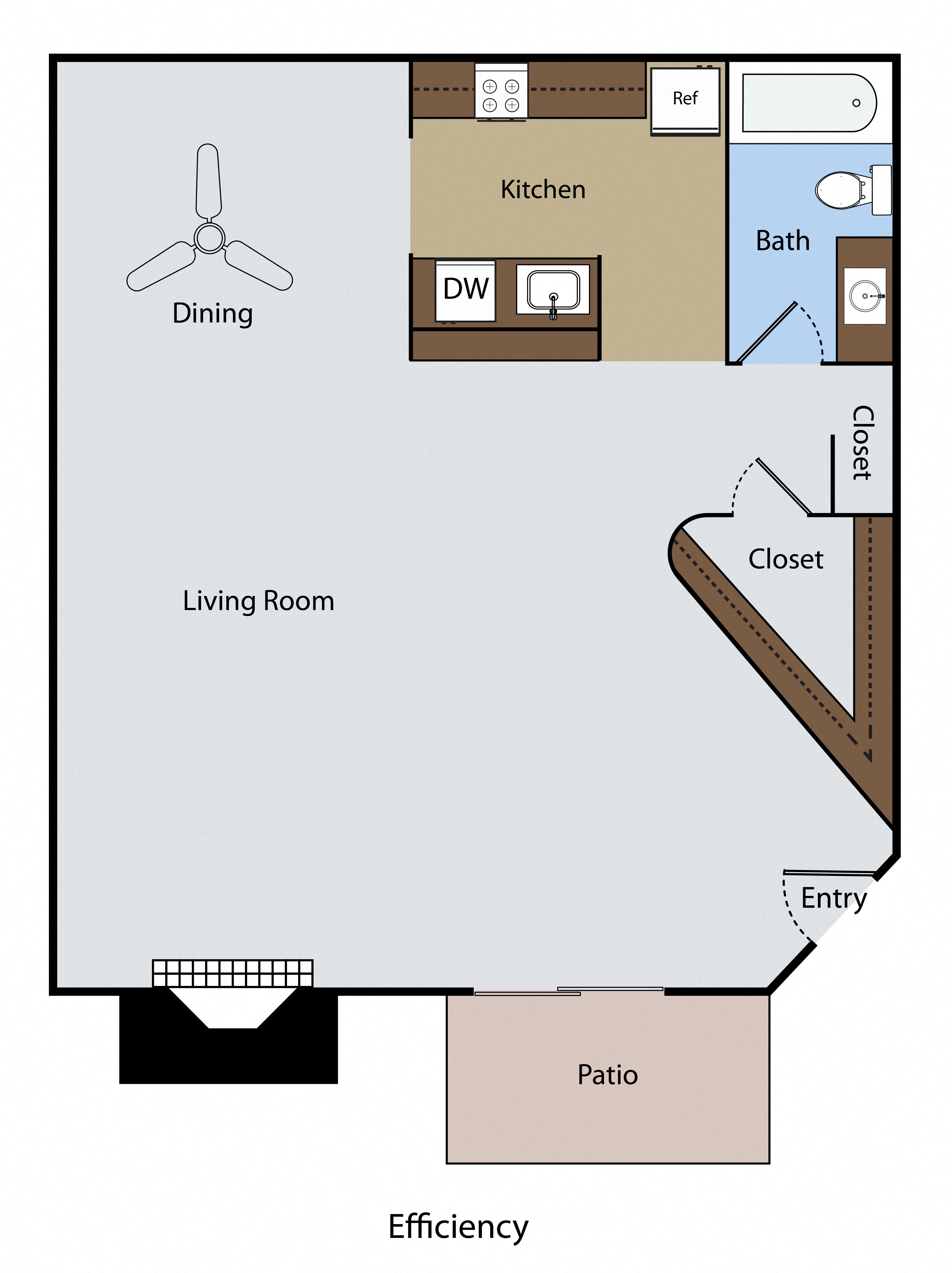 Floor plan for studio, 1 bath, 600 sqft