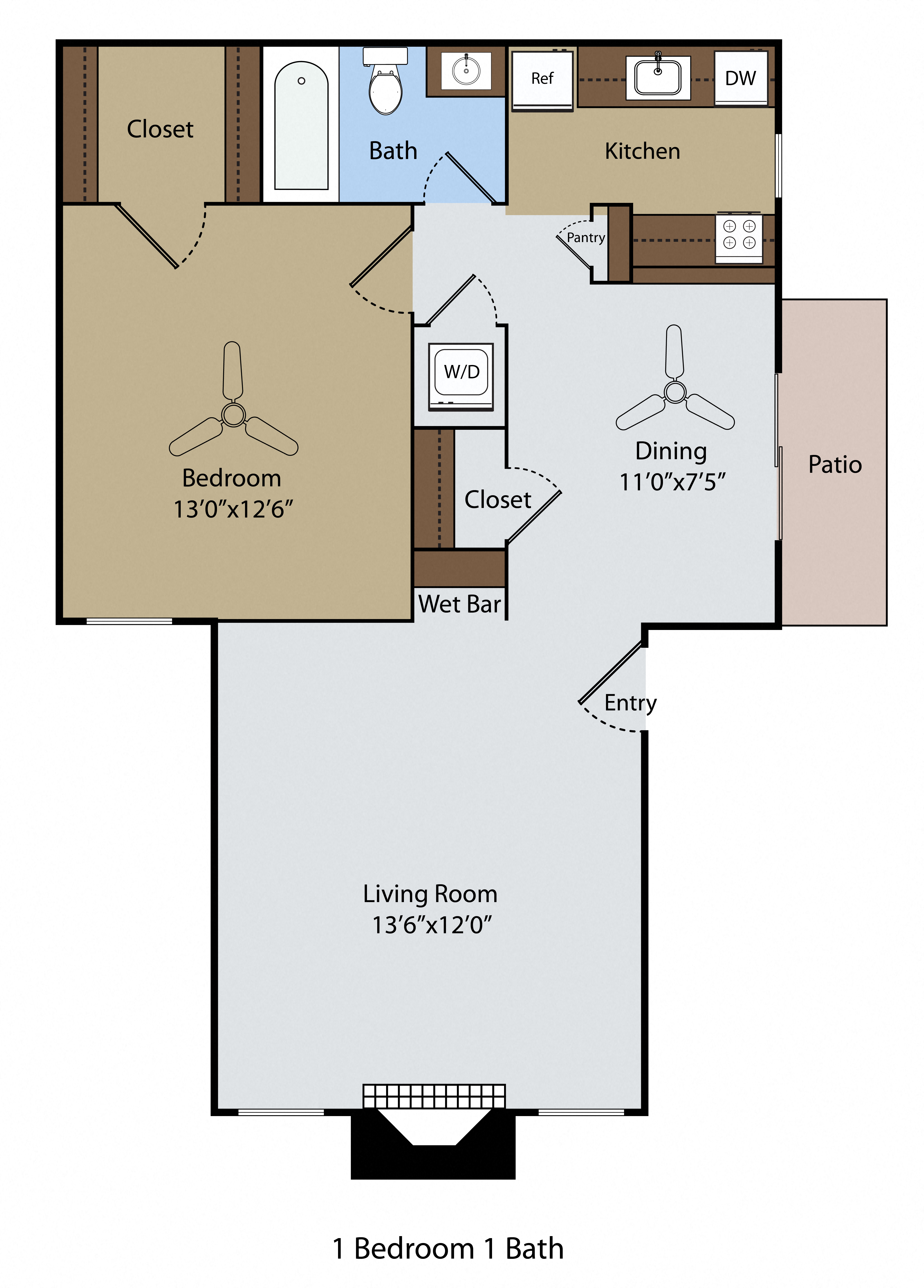 Floor plan for 1 bed, 1 bath, 750 sqft