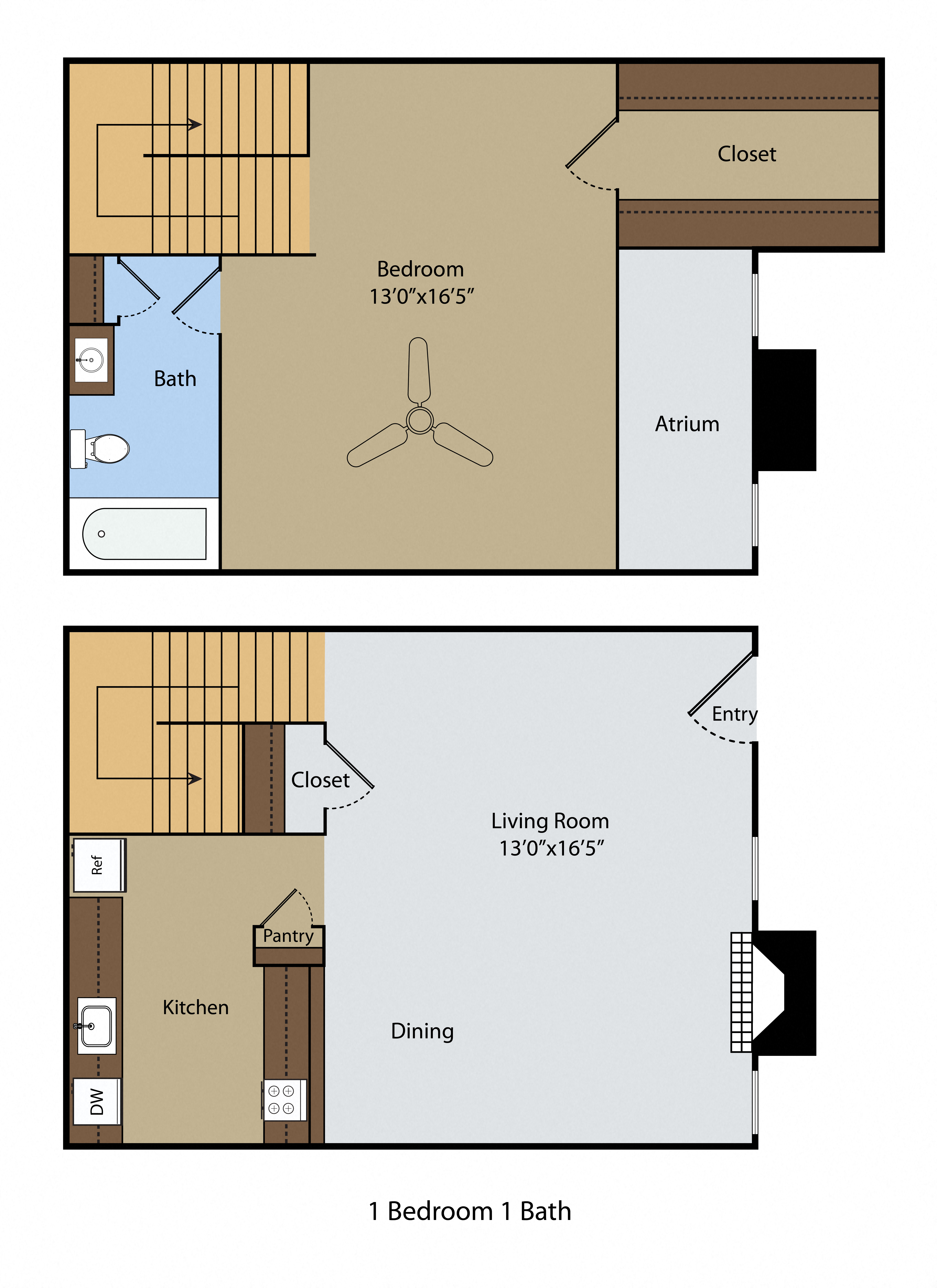 Floor plan for 1 bed, 1 bath, 750 sqft