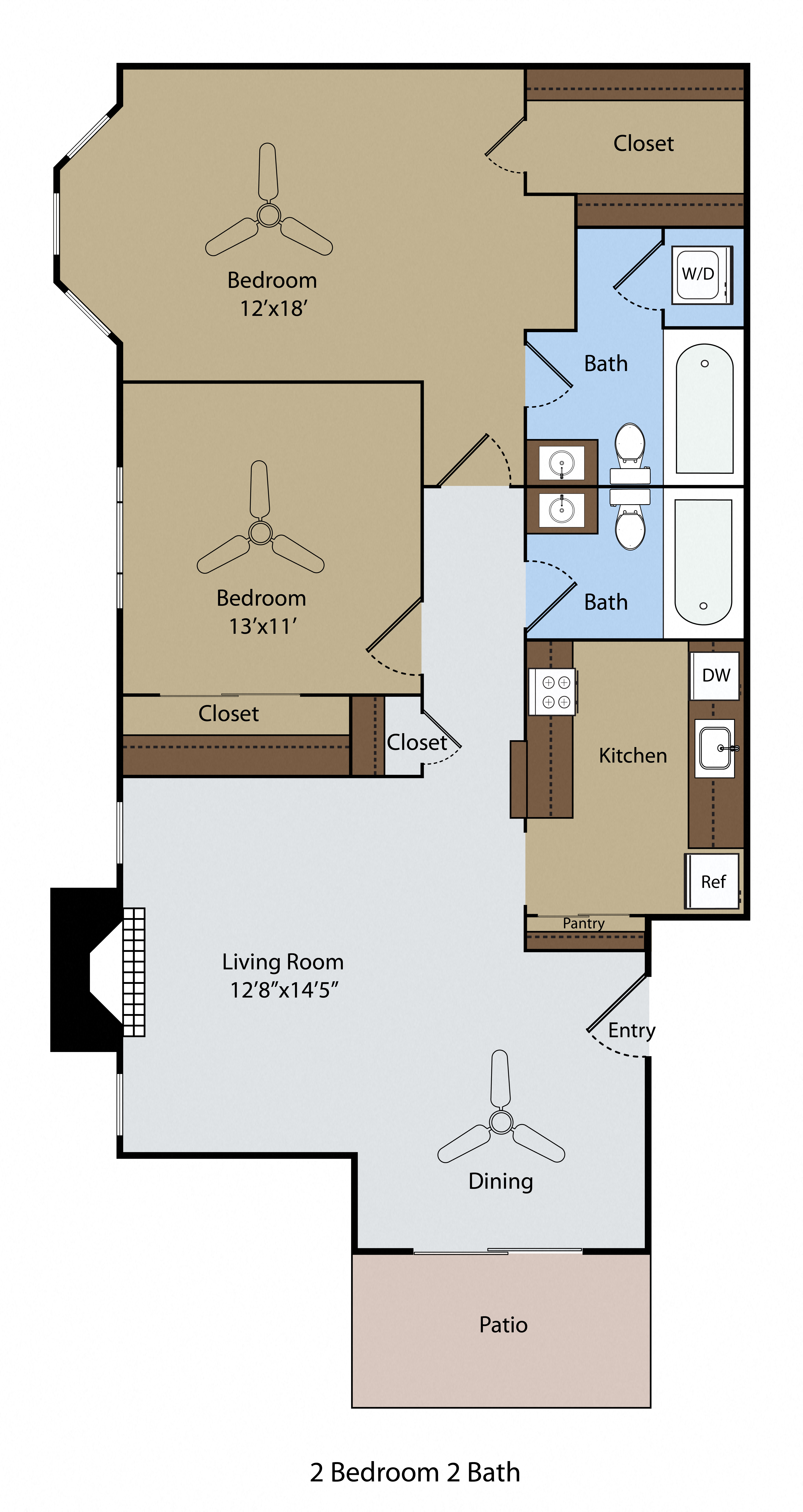 Floor plan for 2 beds, 2 baths, 900 sqft