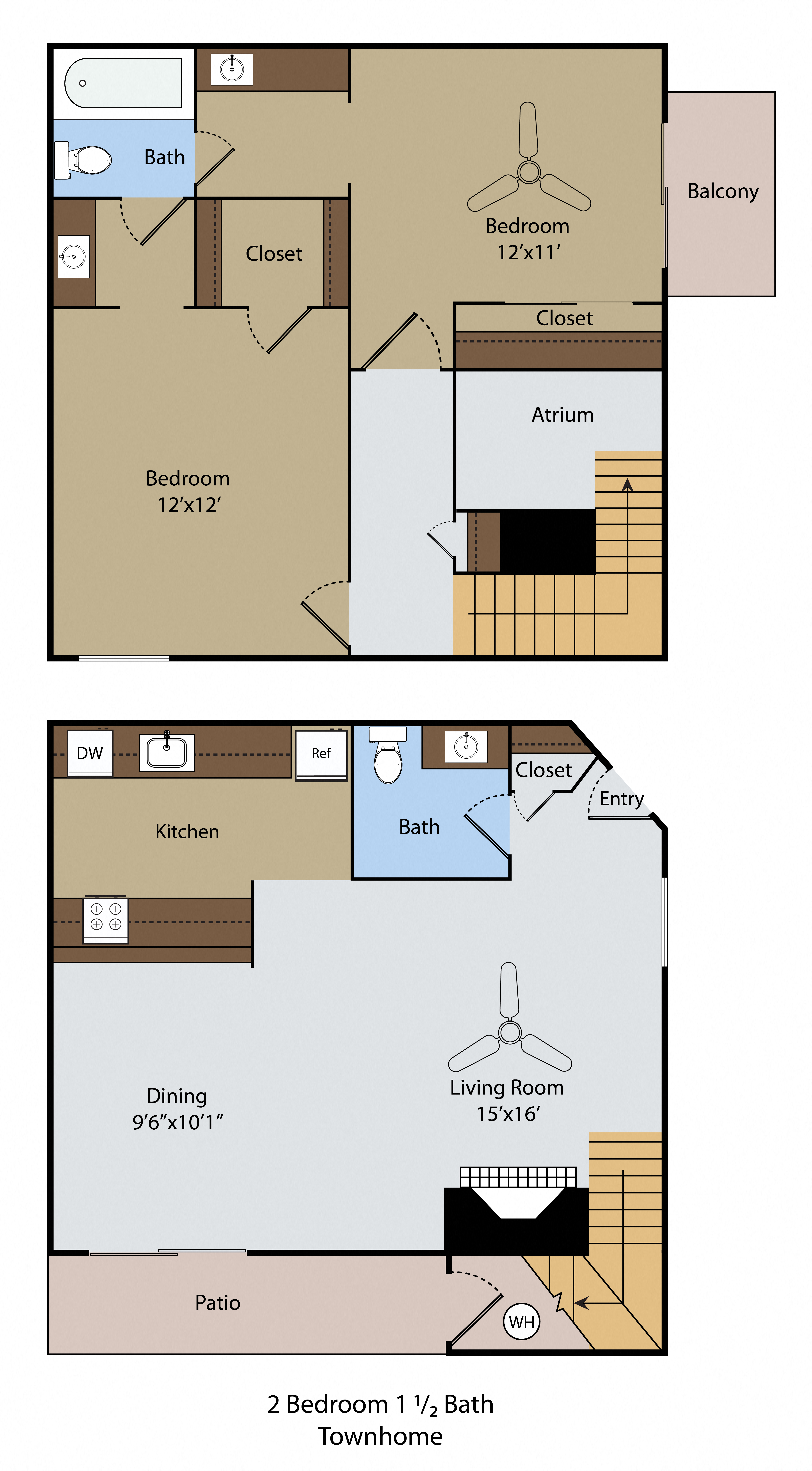 Floor plan for 2 beds, 1.5 baths, 914 sqft