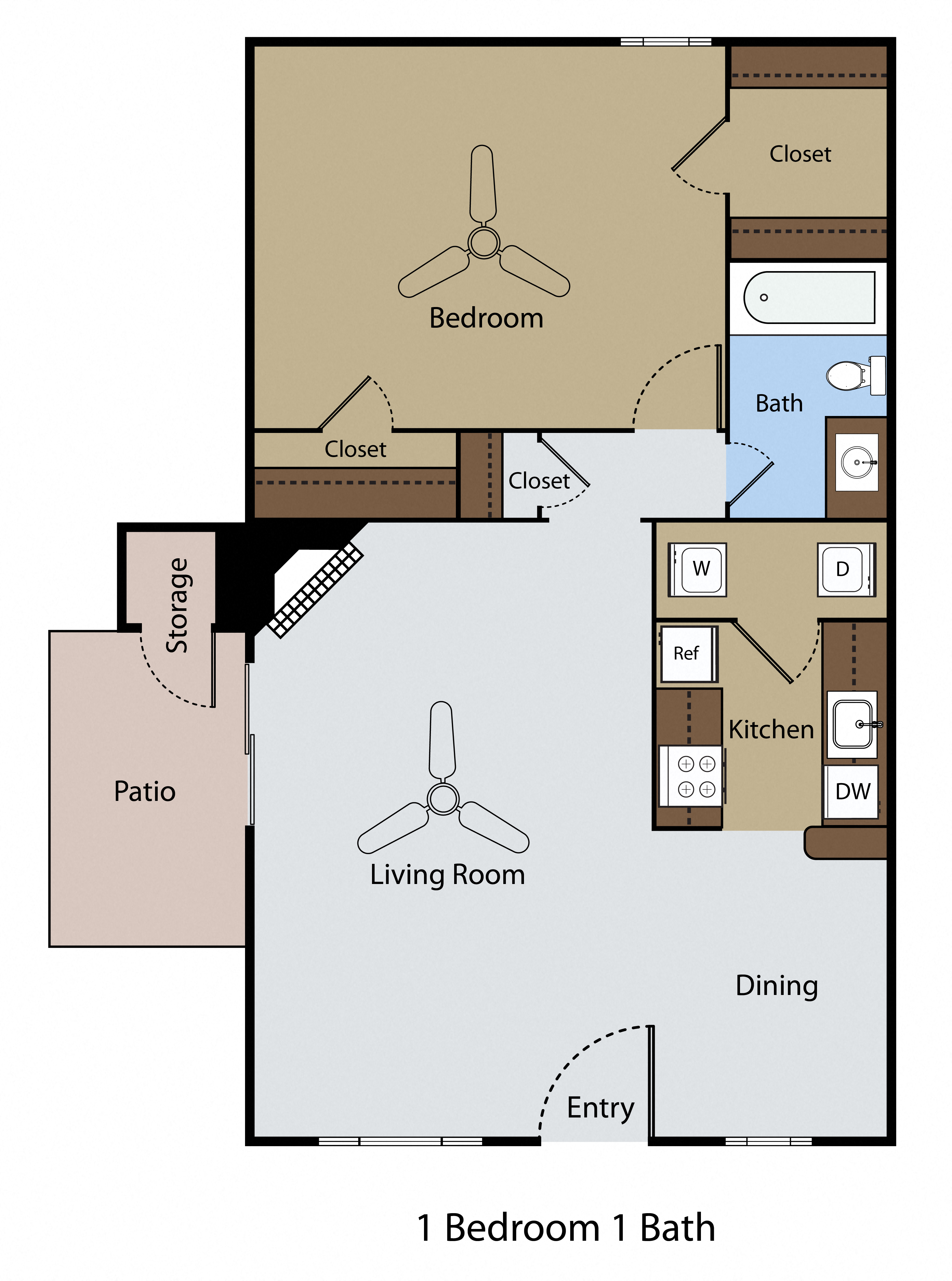Floor plan for 1 bed, 1 bath, 751 sqft